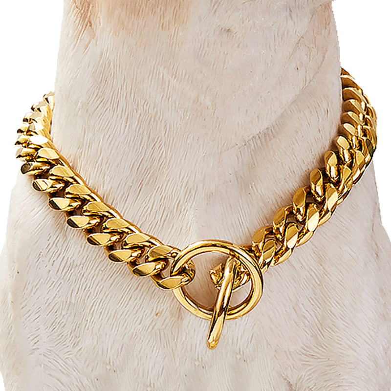 Loveshine Chain Dog Collar 18K Gold Cuban Link Dog Chain 15MM Thick Chain Collar Metal Stainless Steel Heavy Duty Slip Dog Collars for Small, Medium, and Large Dogs(16in to 26in) 12"（Can Over Head of 8" to 11") - BeesActive Australia