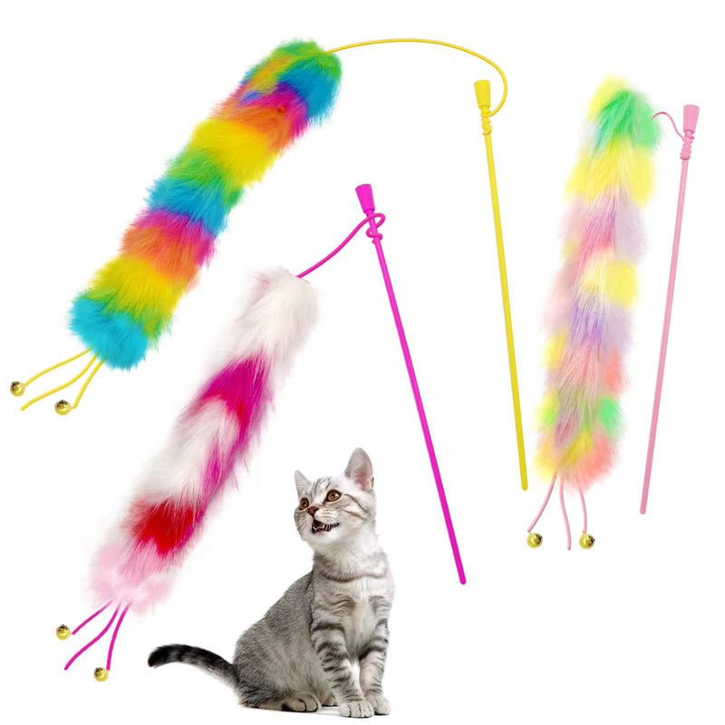 Lepawit 3 Pack Cat Wand Toy, Rainbow Cat Feather Toys with Bells, Cat Teaser Wand with Soft Furry Tail, Interactive Cat Toys for Indoor Cats & Kitten & Kitty B-Rainbow Cat Wandr Toys（3 pack） - BeesActive Australia