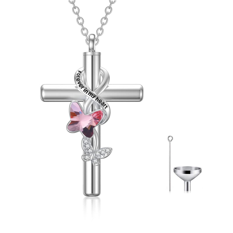 Flpruy 925 Sterling Silver Cross Urn Necklace for Ashes [Butterfly,Dragonfly,Bee,Hummingbird,Ladybug,Sunflower,Paw,Life of Tree] Cremation Necklace for Women Pets A_Pink Butterfly Urn Necklace - BeesActive Australia