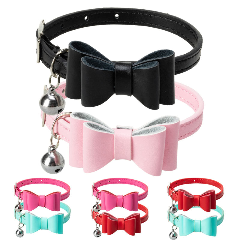 PUPTECK 2 Pack Leather Cat Collars with Detachable Bowtie & Bell - Adjustable Pet Collars with Nice Color for Small Medium Large Kitties, Skin-Friendly, Safety Kitty Collars, 8 - 11inch Black+Pink - BeesActive Australia