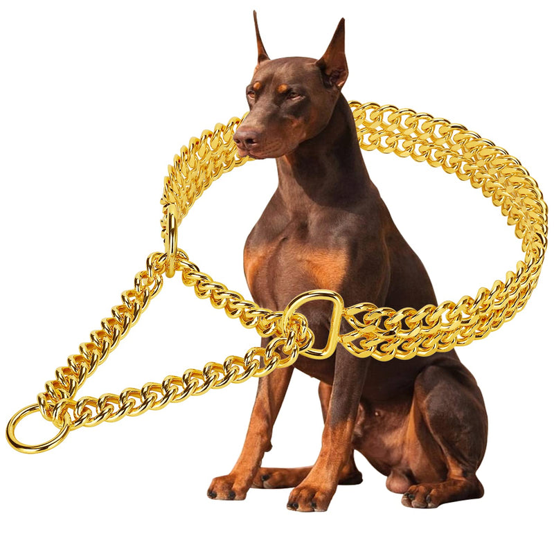 Gold Dog Chain Collar Stainless Steel 18K Gold Dog Collar Adjustable Walking, Metal Cuban Link Dog Collar Chew Proof Double Row Chain Dog Collar for Large Small Medium Dogs M 16" -20" - BeesActive Australia