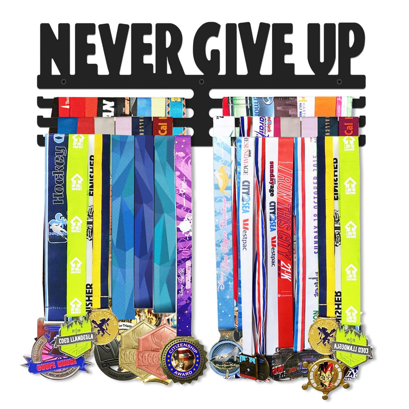 Bliocefo Medals Hanger Holder Display Steel Rack Hooks 15 inches Wall Mount Frame Over 60 Medals-Sports Medal Hook Storage Organizer Never Give Up Ribbon with Easy Hanging Bars Black 3 Lines - BeesActive Australia