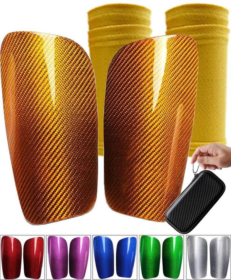 Carbon Fiber Soccer Shin Guards, with Portable Carrying Case and Sleeves, Super Strong, Ultra Light, Shock Resistance, Air Permeability, Suitable for Adult, Youth, Kid, Effective Protection yellow+sleeves Small - BeesActive Australia