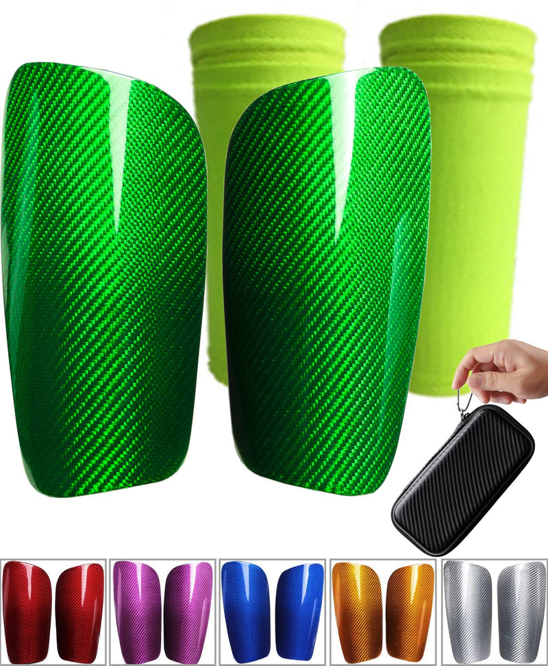 Carbon Fiber Soccer Shin Guards, with Portable Carrying Case and Sleeves, Super Strong, Ultra Light, Shock Resistance, Air Permeability, Suitable for Adult, Youth, Kid, Effective Protection green+sleeves Large - BeesActive Australia