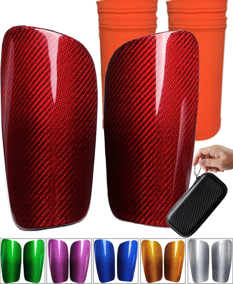 Carbon Fiber Soccer Shin Guards, with Portable Carrying Case and Sleeves, Super Strong, Ultra Light, Shock Resistance, Air Permeability, Suitable for Adult, Youth, Kid, Effective Protection red+sleeves Medium - BeesActive Australia