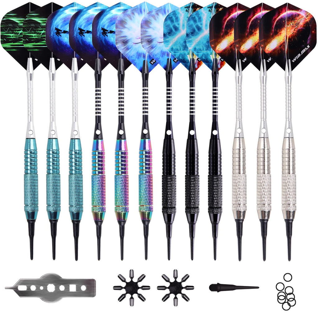 WIN.MAX Darts Plastic Tip - Soft Tip Darts Set - 12 Pcs 18 Gram with 100 Extra Dart Tips 12 Flights Flight Protectors and Wrench for Electronic Dart Board rainbow+silver+black+green - BeesActive Australia