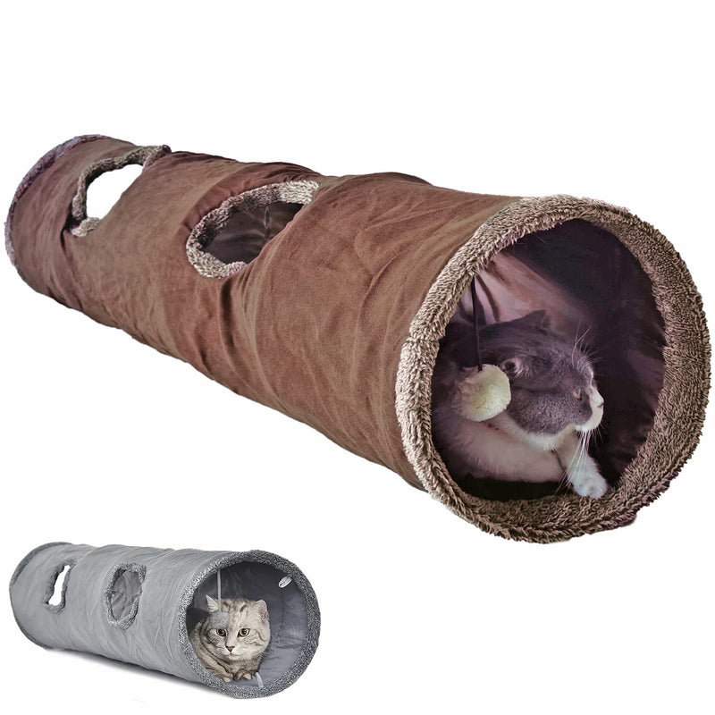 LeerKing Cat Tunnel 12 x 51 inch, Collapsible Pet Cat Play Tunnel Hideaway with Ball, Crinkle Cat Tunnels for Indoor Cats, Kitties, Rabbits, Bunnies, Puppy L (51.2"x 11.8") Brown - BeesActive Australia