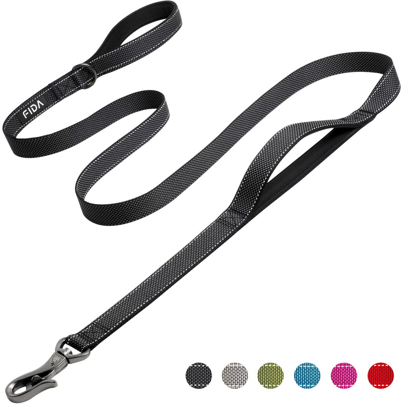Fida 4/5/6 FT Heavy Duty Dog Leash with 2 Comfortable Padded Handles, Traffic Handle & Advanced Easy Snap Hook, Reflective Walking Lead for Large, Medium & Small Breed Dogs 6 Feet (Pack of 1) Black - BeesActive Australia