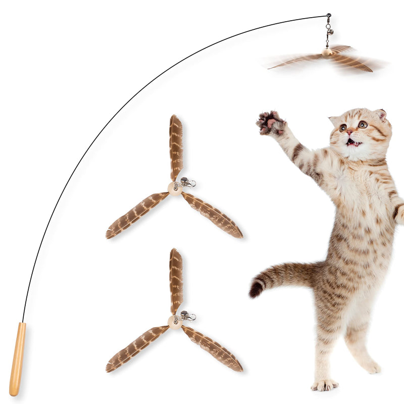 JXFUKAL Cat Wand Toys, Interactive Cat Toys with 3 Feather Refills, 29'' Flexible Steel Wire, Sturdy Wood Handle & Bell for Kitty Kitten, Cat Toys for Indoor Cats Cat Teaser Cat String Toy Set A - BeesActive Australia