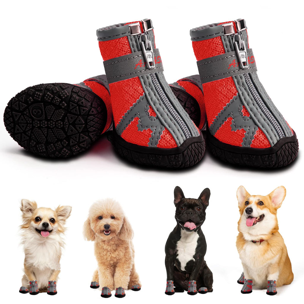 AOKOWN Dog Shoes for Hot Pavement Dog Booties Paw Protector / Waterproof Dog Shoes for Small & Medium Dogs/ Puppy Shoes with Reflective Straps Anti-Slip Sole (4PCS) Red-Mesh #3(L*W: 1.69"x1.49") for 11.0-16.9 lbs - BeesActive Australia