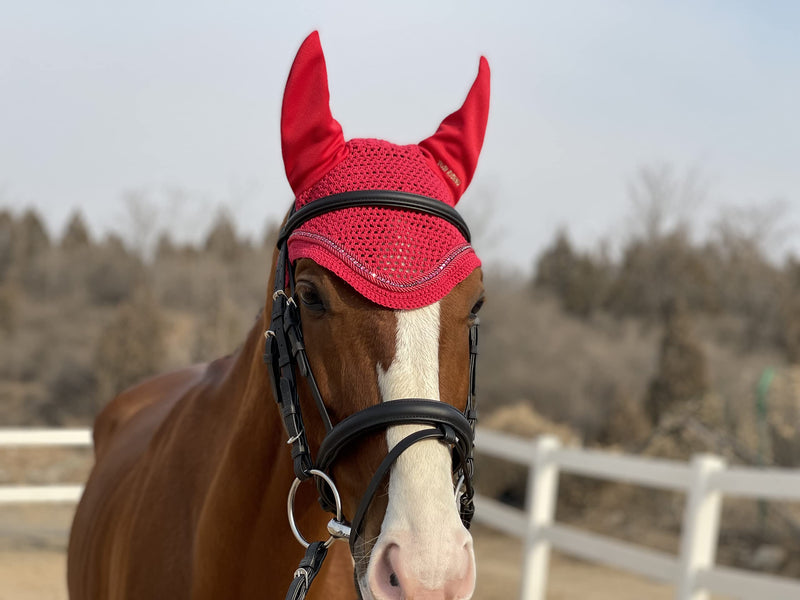 TGW RIDING Horse Ear Bonnet/Net/Hat/Horse Hood/Mask Horse Veil Horse Ear Bonnet Full Red - BeesActive Australia