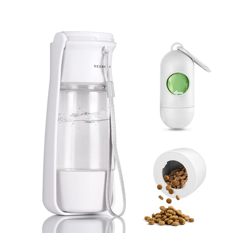 TCDBEST Dog Water Bottle, Portable 3 in 1 Dog Water Dispenser with Foldable Bowl, Snack Container for Puppy Dog Travel Walking On The Go White 11oz - BeesActive Australia