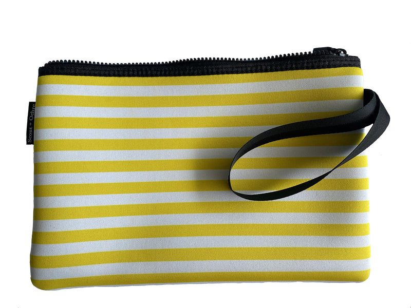 Scout + Ochre Neoprene Swimsuit Bag Pouch with Zipper - Waterproof Wet Bag for Swimwear, Diapers, Cosmetics, Travel Toiletries - great for Beach, Pool, Strollers, Gym - 11.5x8in (Yellow White Stripe) Yellow White Stripe - BeesActive Australia