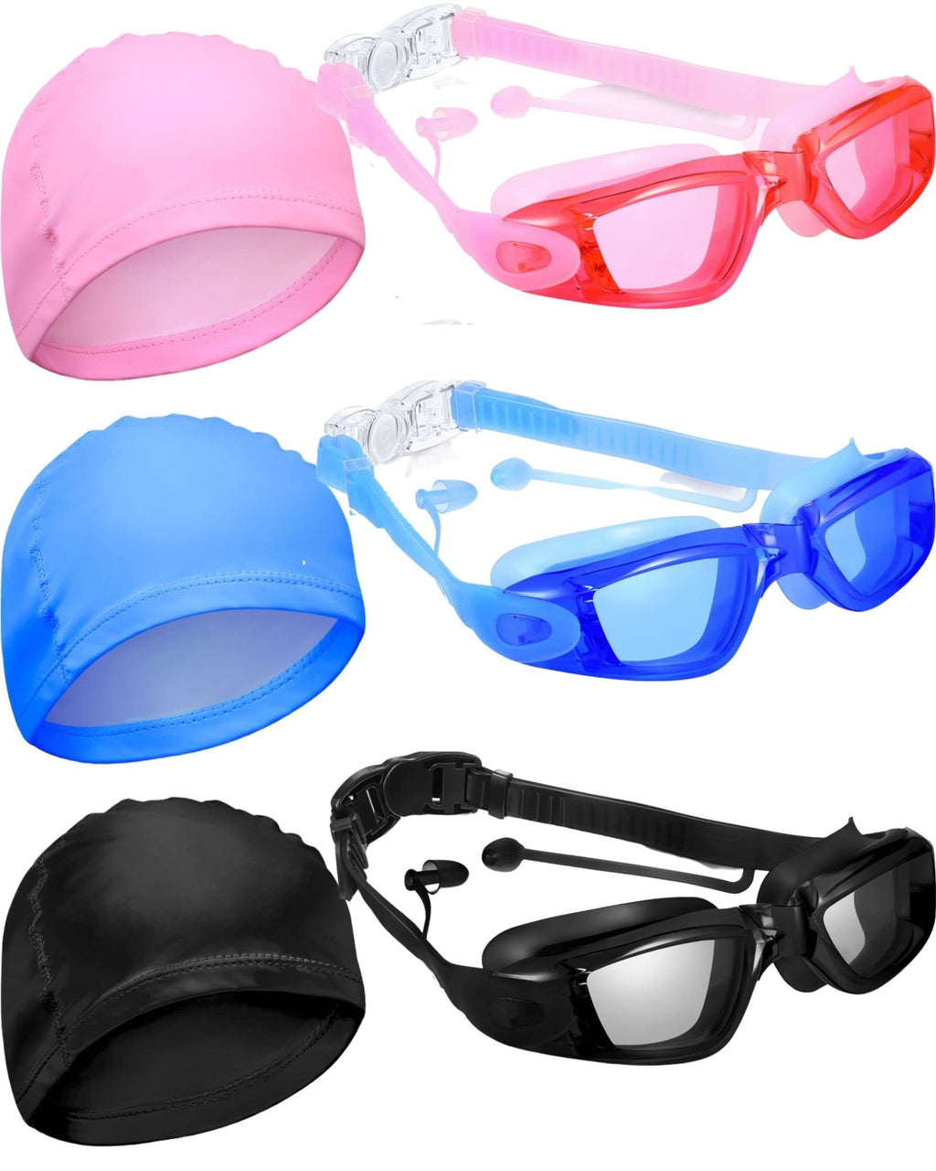 6 Packs Swim Goggles Anti-Fog Swim Glasses Silicone Swim Cap, Comfortable Bathing Cap Ideal for Curly Short Medium Long Hair, Swimming Cap for Women and Men - BeesActive Australia