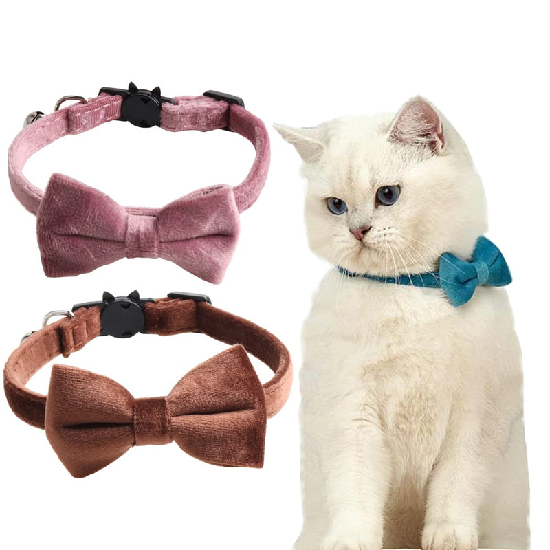 2 Pack Breakaway Cat Collars with Bell and Bowtie Comfortable Velvet Cat Collar with Cute Safety Buckle Adjustable Pet Collar for Kitty Kitten Puppy Neck Accessories for Daily Wearing Kitten One Size Brown & Pink - BeesActive Australia