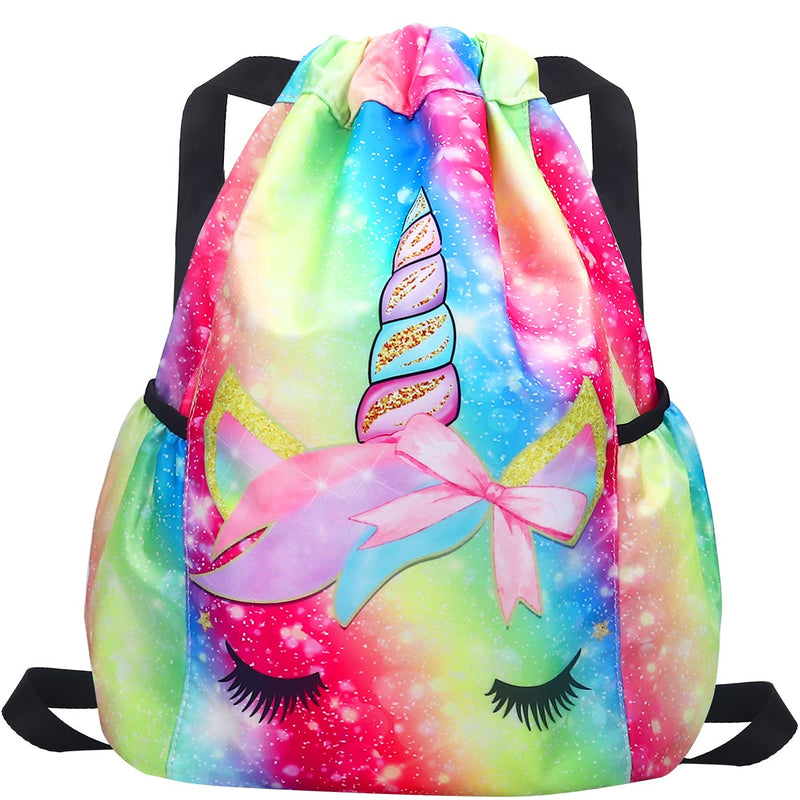 Drawstring Backpack for Kids - Unicorn Bags for Girls Mini Gym Dance Beach Swim Travel Bag With Two Water Bottle Holder Rainbow Unicorn 2 - BeesActive Australia