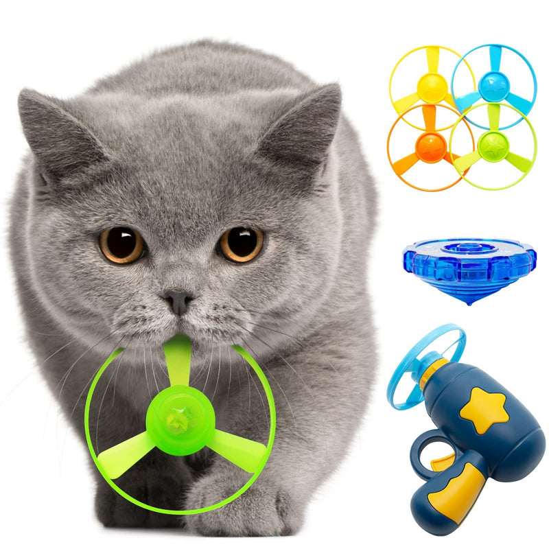 Jumbostone Cat Fetch Toy, Interactive Cat Flying Disc Toy with 1 Light Up Spinning Tops, 1 LED Flying Propellers and 4 Flying Propellers, Cat Track Toy for Cat Training Hunting Chasing Dark Blue - BeesActive Australia