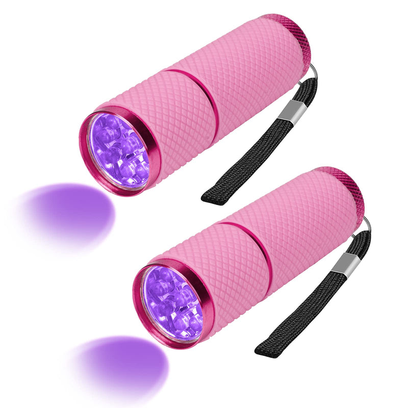 2 Pack Mini Blacklight Flashlights, 9 LED Small Glow Handheld UV Lights, Portable Black Light for Dog Pet Urine Stains, Bed Bugs and Nail Dryer for Nail Gel. (Pink) Pink - BeesActive Australia