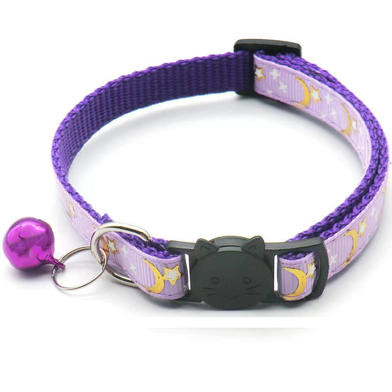 Breakaway Cat Collar with Bell, Kitten Kitty Collar for Puppy Small Dog Necklace with Moon Star Pattern Adjustable Length Violet - BeesActive Australia