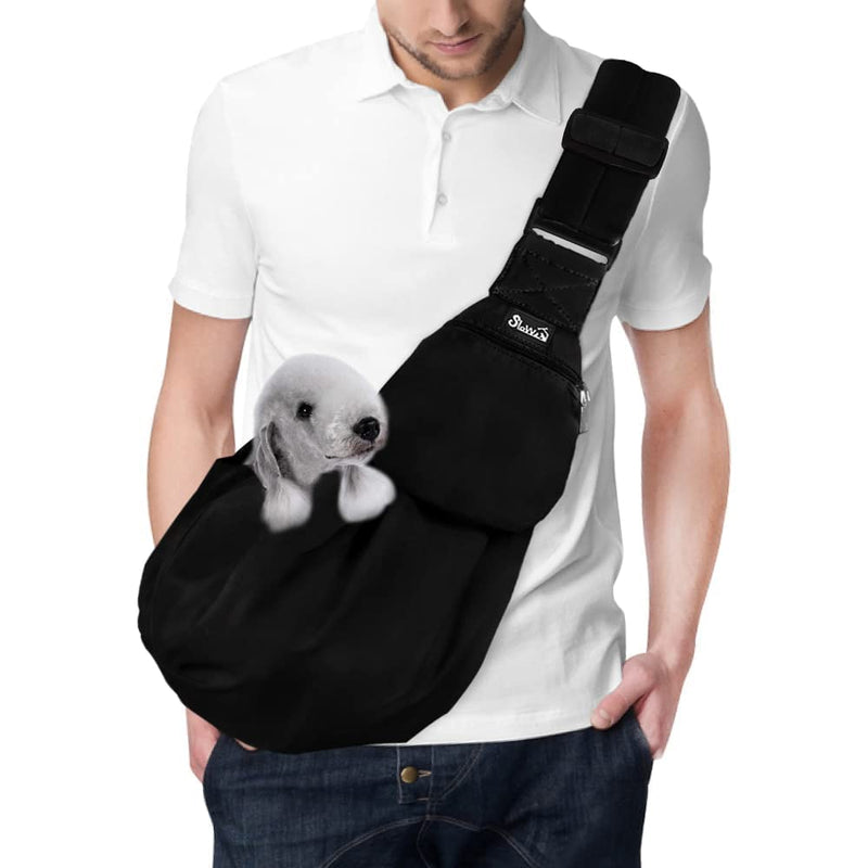 Lukovee Pet Sling, Hand Free Dog Sling Carrier Adjustable Padded Strap Tote Bag Breathable Cotton Shoulder Bag Front Pocket Safety Belt Carrying Small Dog Cat Puppy Machine Washable A- Black For Pets 8~15lbs - BeesActive Australia