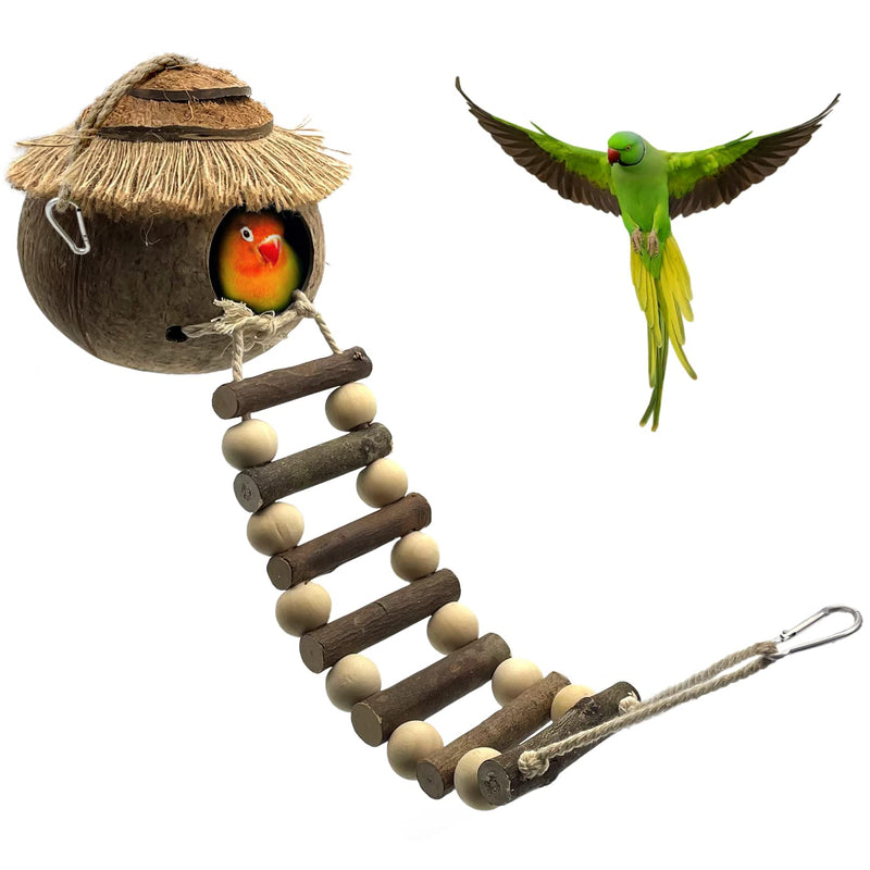 Tfwadmx Hanging Bird House with Ladder Natural Coconut Fiber Birds Nest Coco Shell Hideaway Lovebird Swing Toys Parrot Cage Accessories for Parakeet Finch Parrot Canary - BeesActive Australia
