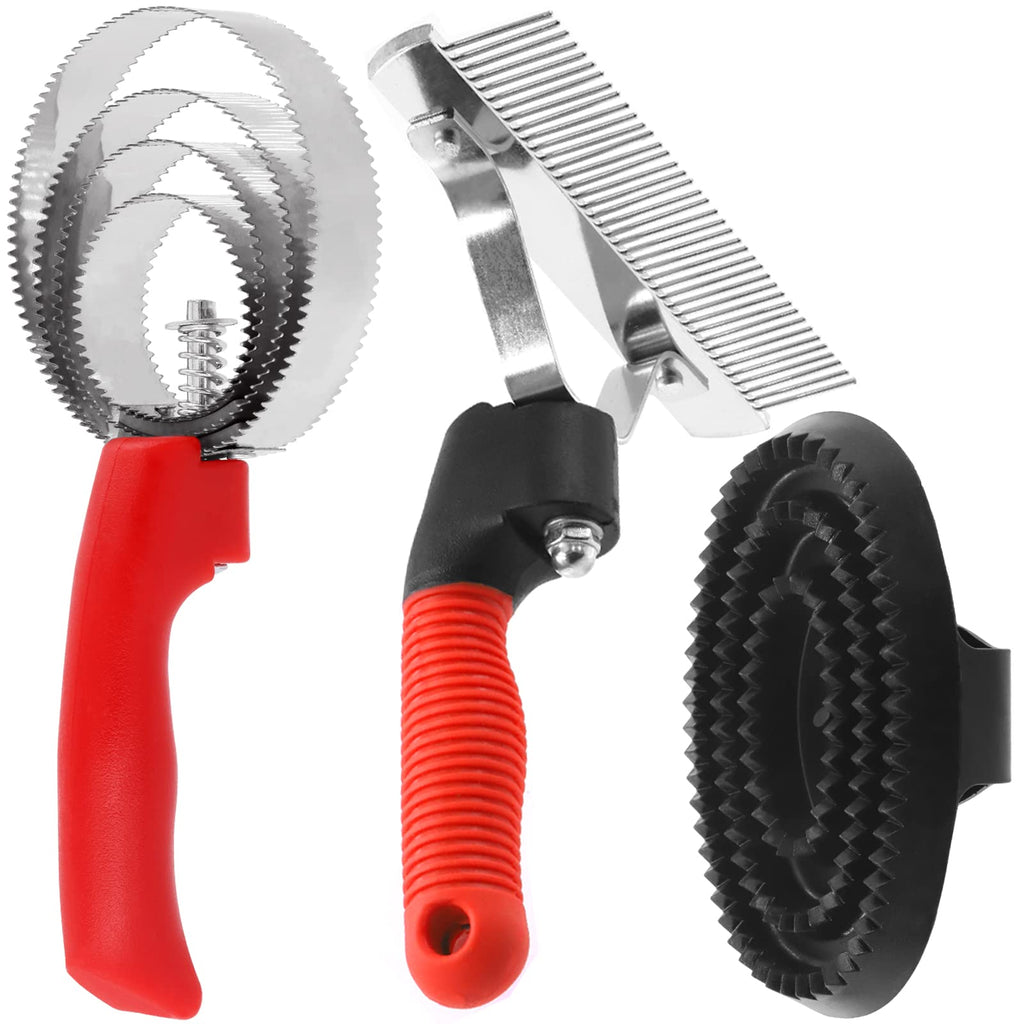 Swpeet 3Pcs Reversible Stainless Steel 4 Rings Curry Comb and Rubber Curry Grooming Brush with Scotch Type Curry Comb Grooming Rake Kit, Soft Touch Grip Horse Brush Scraper for Dog Sheep Pet Style NO.2 - BeesActive Australia
