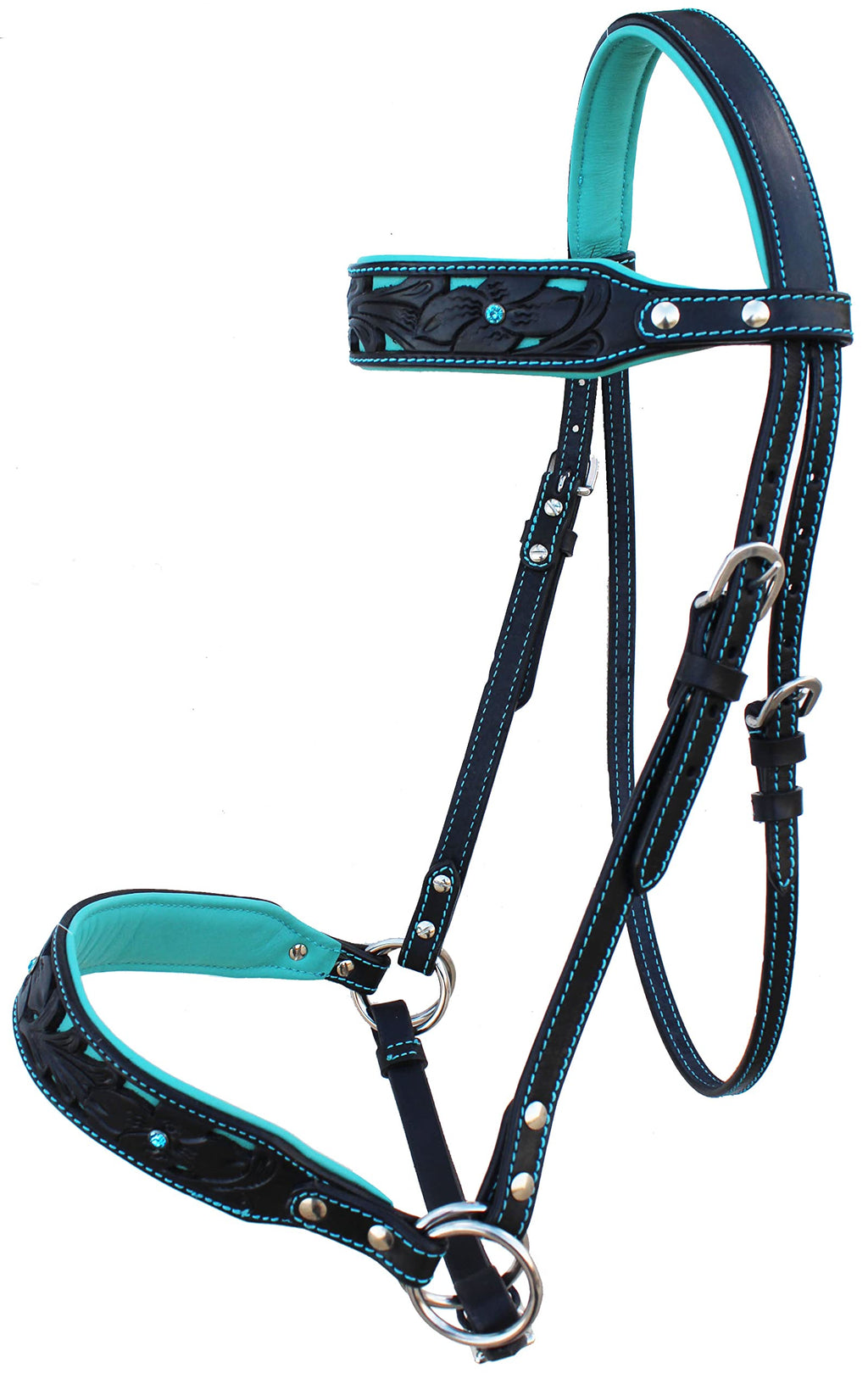 Horse Western Leather Floral Tooled Bitless Sidepull Bridle Reins 77RS34 Black Turquoise - BeesActive Australia