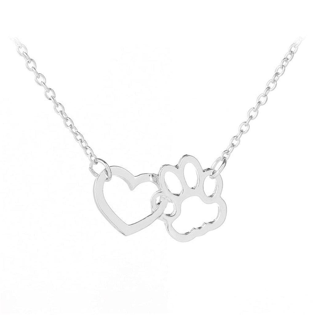 COLORFUL BLING Dog Cat Paw Print Pet Footprint Necklace for Women Girls Double Hollow Cute love Charm Creative Doggy Puppy Cat Animal Forever Love Heart Pendant Necklace Jewelry for Pet Lover Girls (Heart and Paw Print) Silver - BeesActive Australia