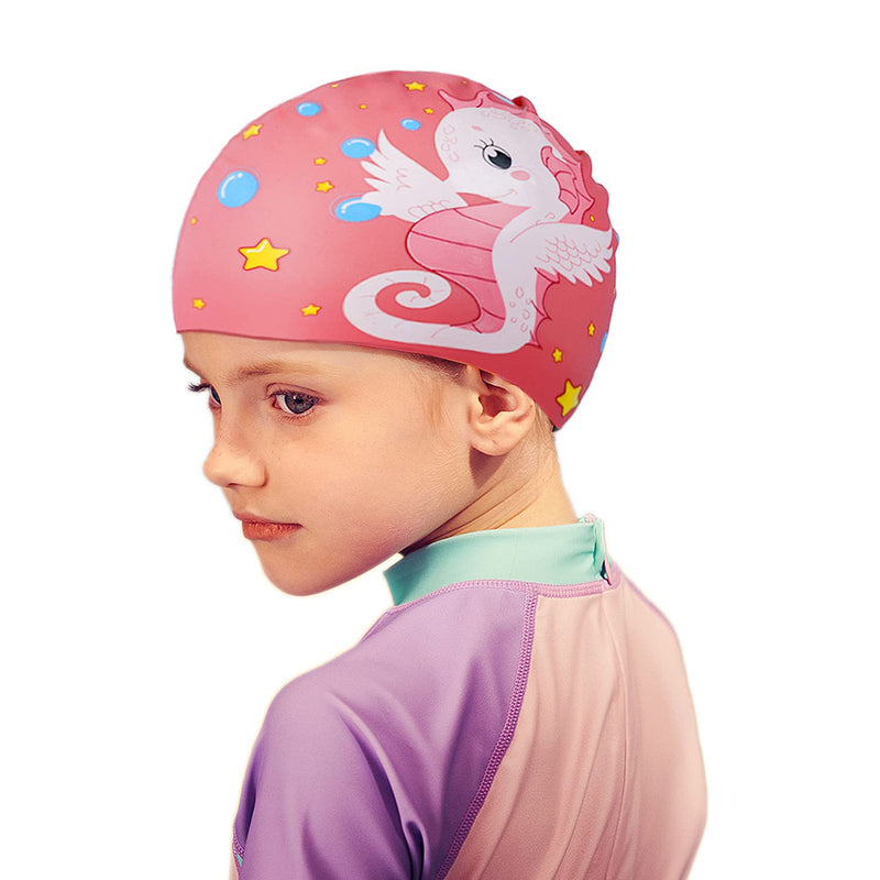Swim Cap for Kids, Durable Silicone Swimming Cap Silicone Waterproof Comfy Bathing Cap Comfortable Fit for Long Hair and Short Hair Pink - BeesActive Australia