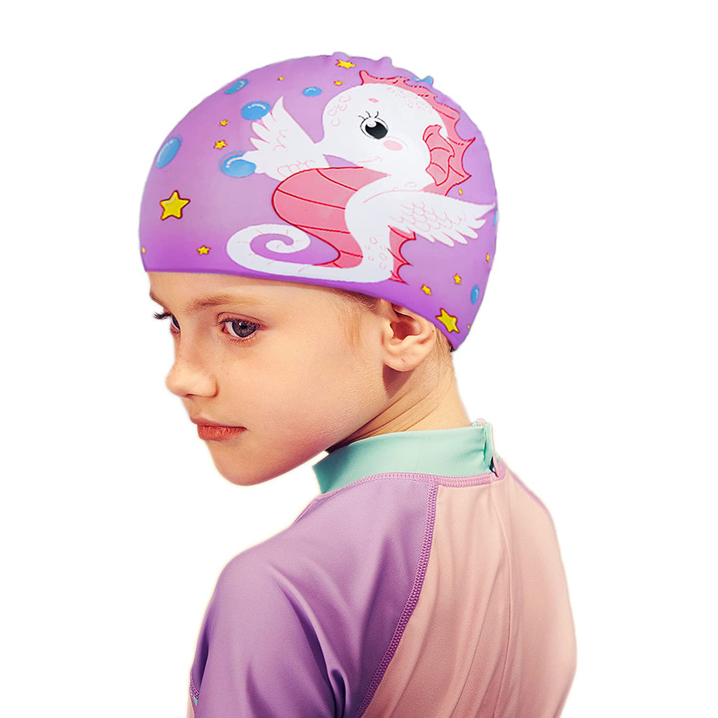 Swim Cap for Kids, Durable Silicone Swimming Cap Silicone Waterproof Comfy Bathing Cap Comfortable Fit for Long Hair and Short Hair Purple - BeesActive Australia