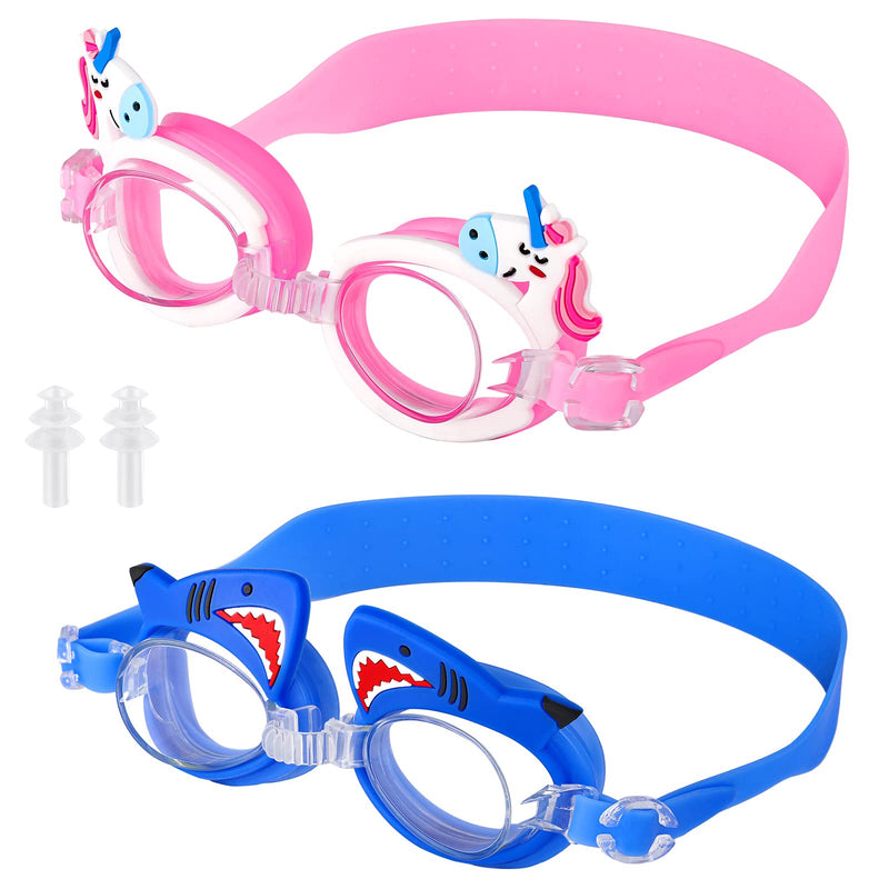 2 Pairs Swim Goggles for Kids, Toddler Swimming Goggles No Leak Anti Fog Toddler Goggles UV Protection Shark Unicorn Swimming Goggles with Ear Plugs for Girls Boys Pool - BeesActive Australia