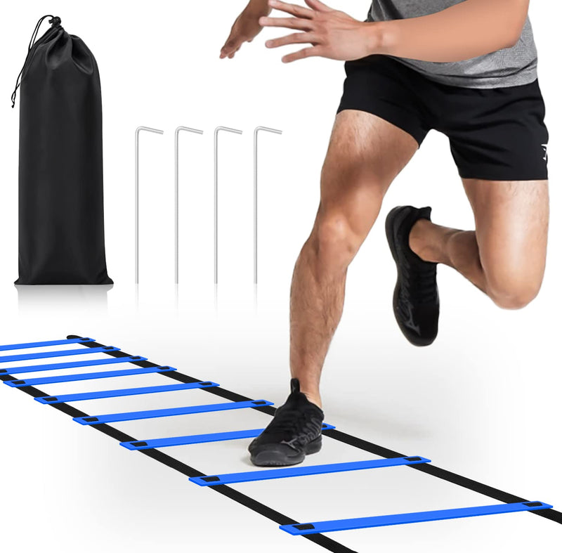 DIKAKO Agility Ladder - 20ft 12 Rung Agility Ladder Speed Training Equipment, Kids and Adult Speed Ladder for Football, Basketball, Fitness Training - Included Carry Bag and 4 Steel Stakes Blue - BeesActive Australia