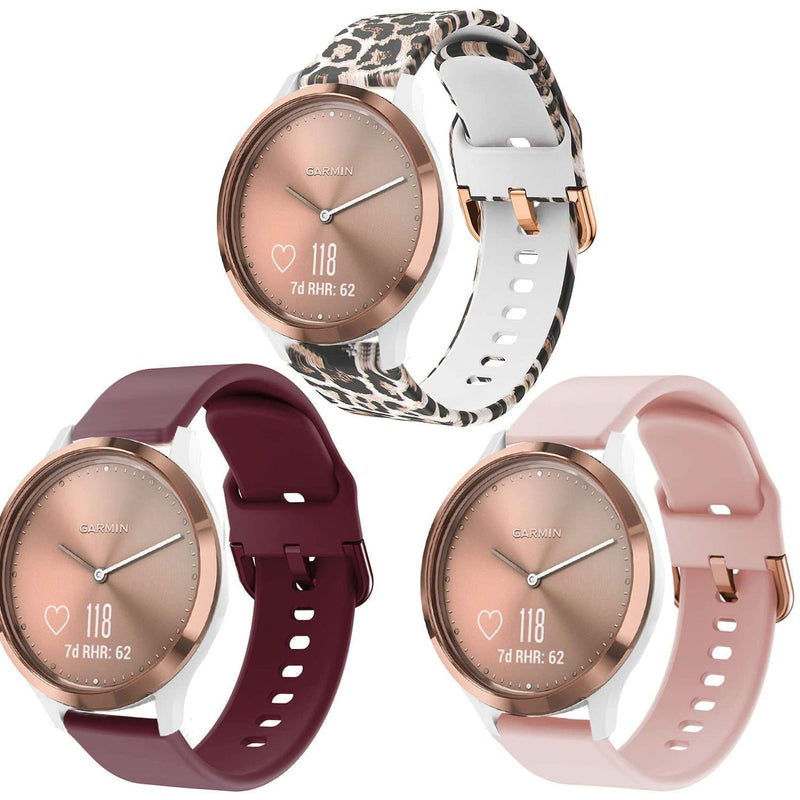 ViCRiOR Bands Compatible with Garmin Vivomove HR, Quick Release Soft Silicone Fadeless Pattern Printed Floral Replacement Band for Garmin Vivomove HR Sport/Premium 3 Pack (Leopard + Pink + Wine) - BeesActive Australia