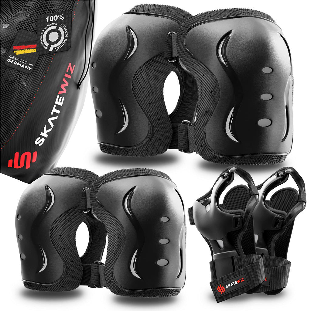 SKATEWIZ Skate Pads for Kids Teenagers and Adults - Impact - Protective Gear Set [6pc] with Knee Pads Elbow Pads and Wrist Guards - Designed in Germany - Climate Neutral and Certified XS (Kids 4 years and older) BLACK - BeesActive Australia