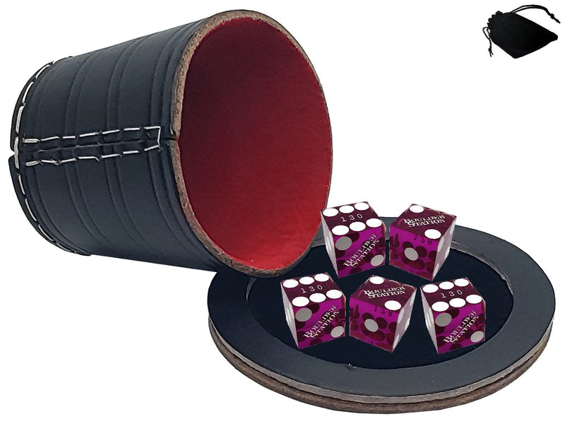 Cyber-Deals Genuine Leather Wide Opening Dice Cup Black / Red Handcrafted Soft Shell Felt Lined with Tray, 19mm Authentic Las Vegas Casino Dice & Pouch (Boulder Station (Purple Polished)) Boulder Station (Purple Polished) - BeesActive Australia