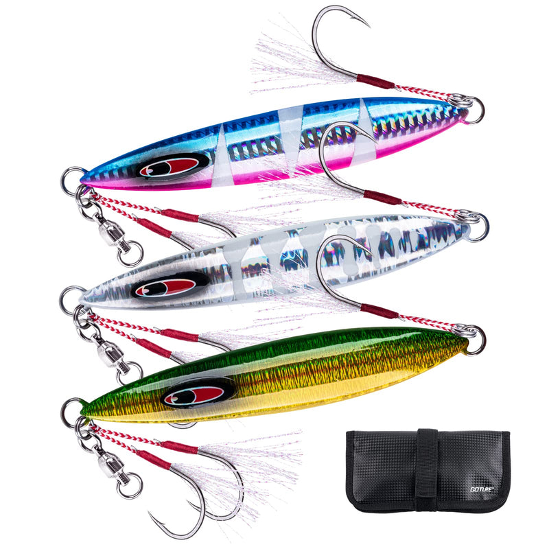 Goture Glow Slow Pitch Jigs with Portable Jig Bag, Double Assist Hook Fishing Jig Lead Saltwater Jigging Lures for Tuna, Dogtooth Tuna, Yellowtail, Kingfish, Bluefin-3Weights(100g/150g/250g) &3Colors 3Pack & Jig Bag 3.53oz/100g - BeesActive Australia