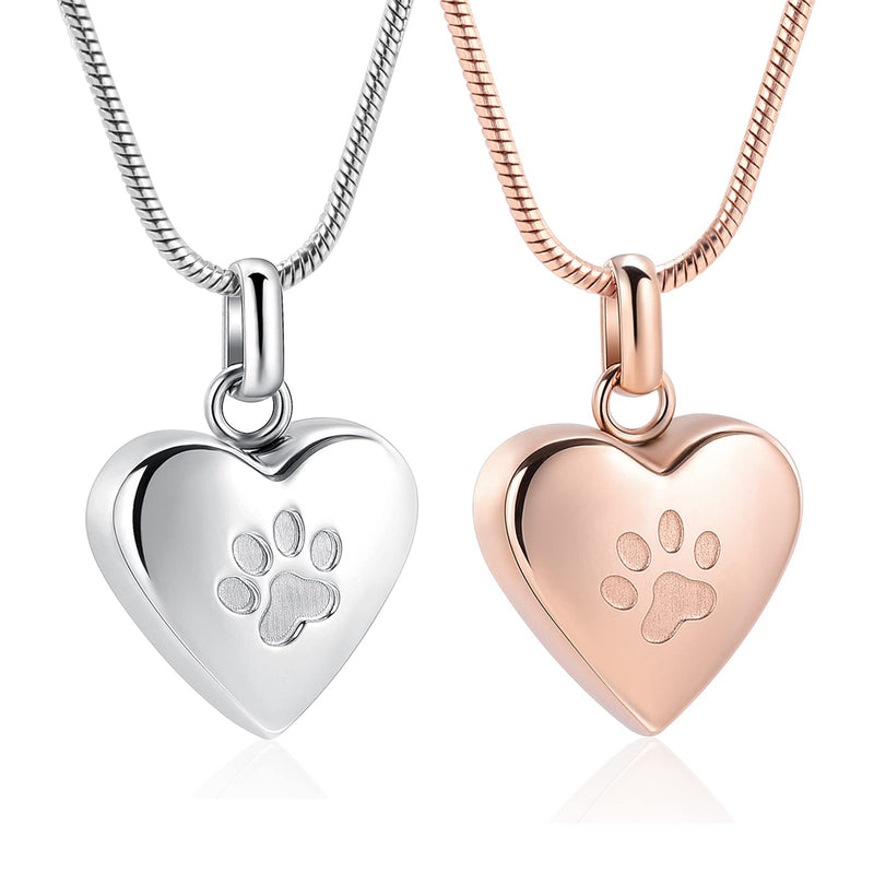 zeqingjw Pet Cremation Jewelry for Ashes Pendant Paw Print Pet Heart Urn Necklace Memorial Keepsake Jewelry for Pet/Dog's/Cat's Ashes 2PCS Silver+Rose Gold - BeesActive Australia