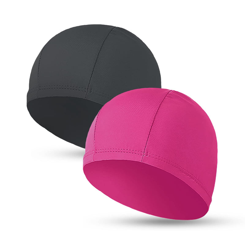 2pcs Elastic Swim Caps for Both Women & Men & Kids & Fabric Durable Non-Slip Swimming Pool Cap Elastic Swim Cap for Long and Short Hair Black&Rose Red - BeesActive Australia