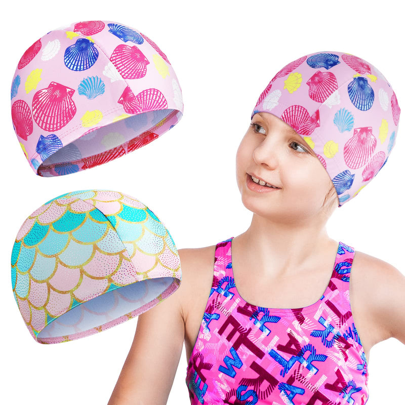 2 Pieces Kids Swim Caps for Boys and Girls, Fabric Toddler Swimming Cap Child's Swim Hats for Long Hair Pool Beach Shell, Scales - BeesActive Australia