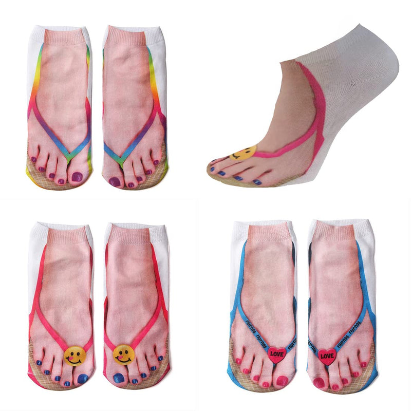 3D Pattern Manicure Print Socks Flip Flop Funny Hidden Running Socks Women Personalized Low Cut Ankle 3- Flip Flop Socks - BeesActive Australia