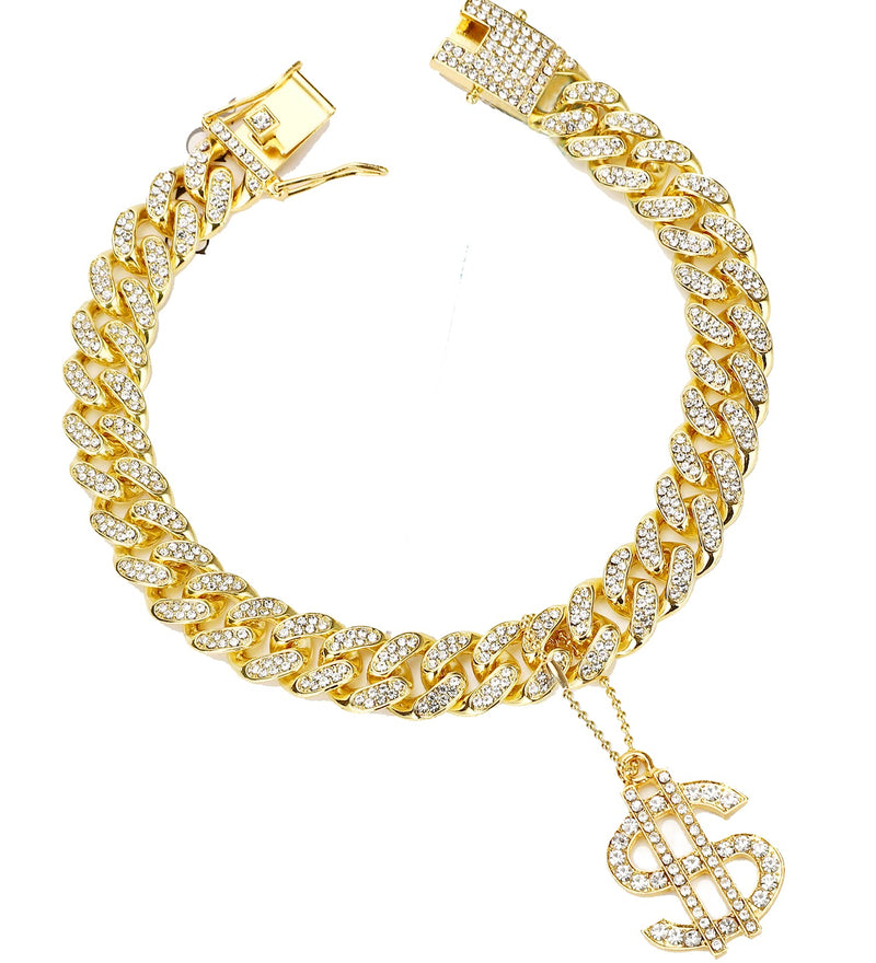 Glitter King Gold Dog Collar Puppy Zircon Cuban Link Chain Handmade Iced Out Diamond Exaggerated Dollar Pendant Full Cz Prong Set Pet Jewelry 13mm Width 10.2inch - BeesActive Australia
