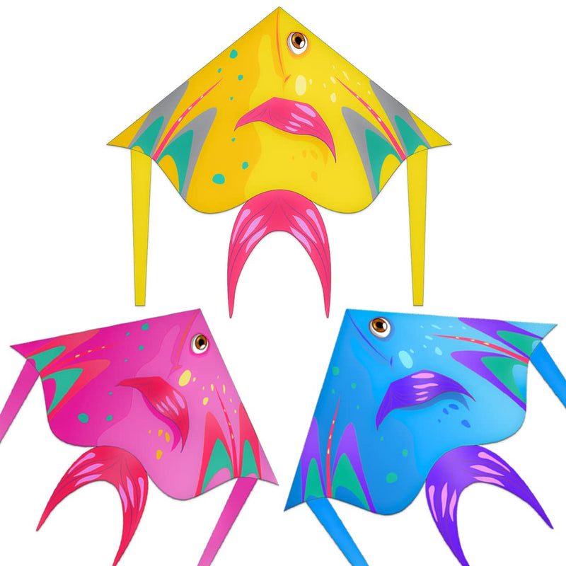 XENTUMI Fish Kite with String, Kites for Kids & Adults, Easy to Fly and Assemble, Beach Kite for Kids 4-8 8-12 Kites for Beginner Girls and Boys Delta Kites for Toddlers Age 3-5 Blue, Pink andYellow - BeesActive Australia