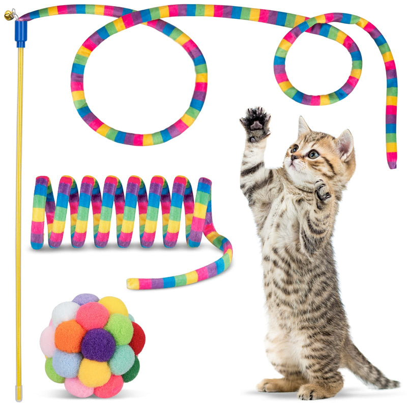 Cat Toys, Cat Wand Teaser Toys Cat Fuzzy Balls with Bell Inside and Cat Springs, Interactive Cat Toys for Indoor Cats Kittens Kitty, 3 Pack Rainbow-Red - BeesActive Australia