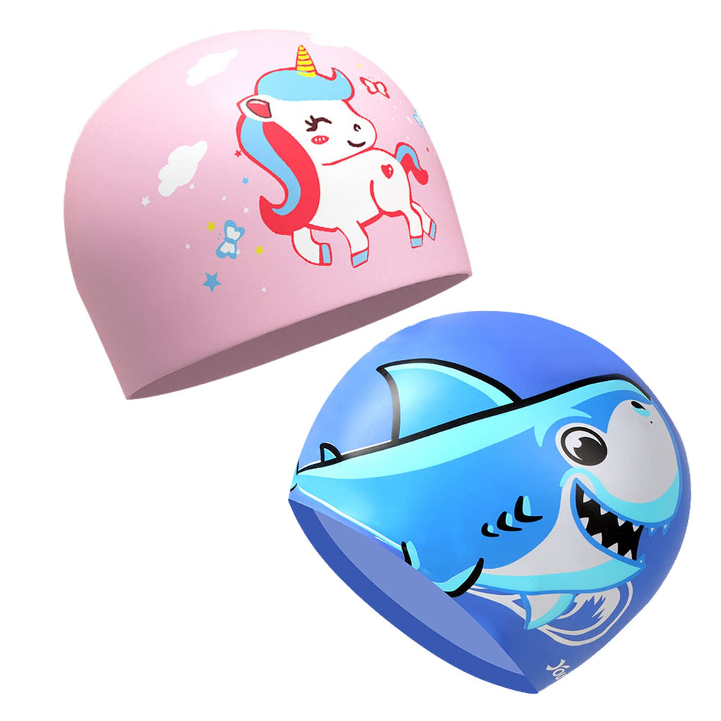 2 Pcs Swim Caps for Kids Waterproof Comfy Silicone Swimming Cap for Girls and Boys Cartoon Design Unicorn and Shark Bathing Cap for Long and Short Hair Children - BeesActive Australia