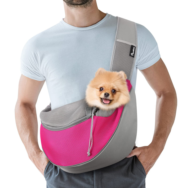 Pawaboo Pet Dog Sling Carrier, Hand Free Drawstring Dog Papoose with Adjustable Strap, Breathable Mesh Bag for Puppy Cat, Crossbody Satchel Dog Purse with Pocket for Outdoor Travel Large Rose Red - BeesActive Australia