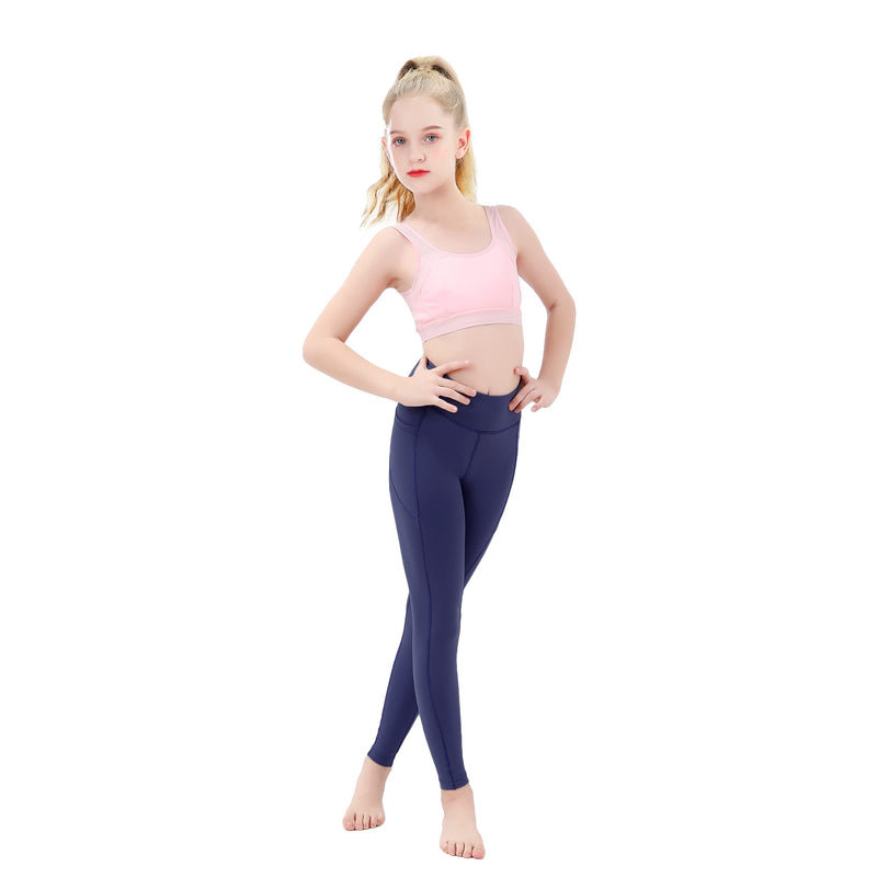 JIM LEAGUE Girls Athletic Yoga Leggings - Kids Workout Running Dance Sport Exercise Gym Stretch Spandex Pants with Pockets Navy Medium - BeesActive Australia