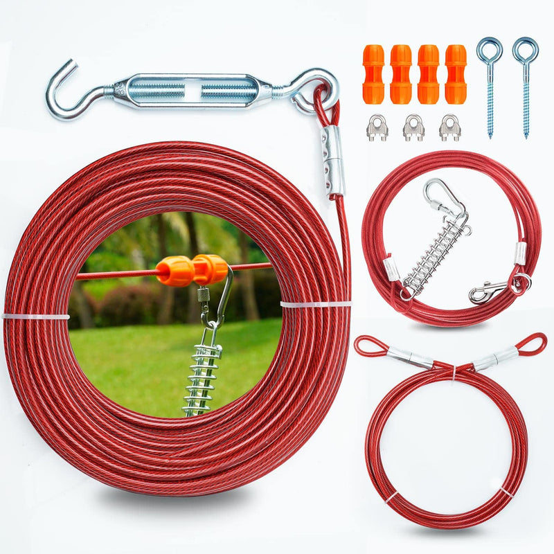 100ft Heavy Dog Tie Out Trolley System for Two Dogs - 10 ft Strong Dog Runner Cable for Yard Camping - Durable Dog Zipline Tie Out for Large Medium Small Dogs Up to 250 lbs 100 ft for two dogs up to 250 lbs Red - BeesActive Australia
