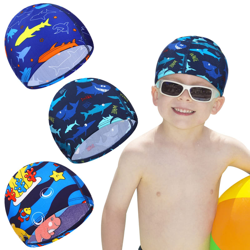 Kids Swim Caps 3 Pieces Shark Dolphin Bathing Swimming Hats Unisex Polyester Bathing Cap Shower Pool Cap Summer Swimming Caps for Boys Girls Long Short Hair - BeesActive Australia