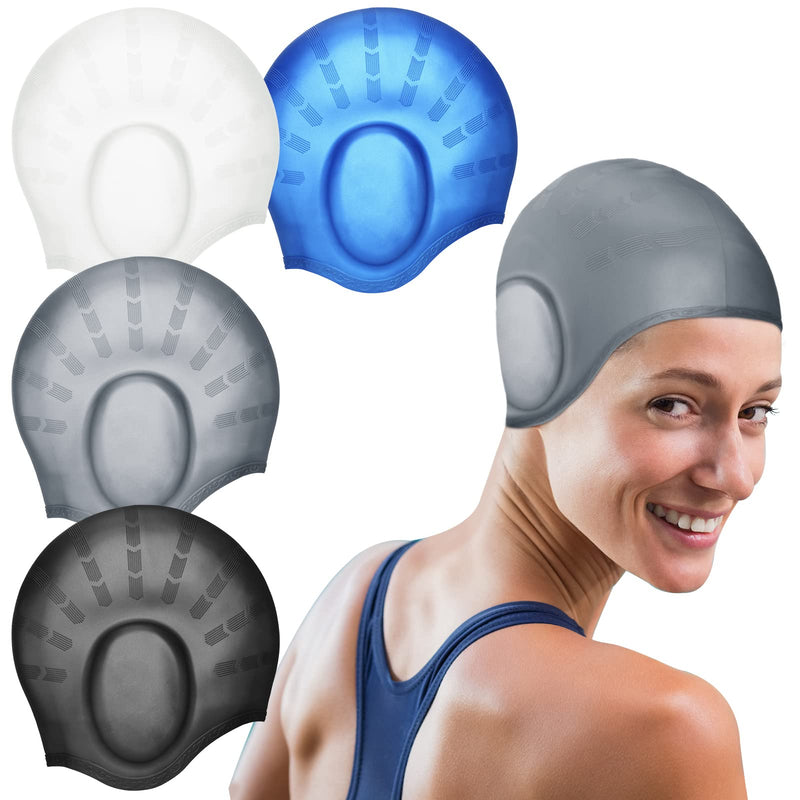 4 Pack Silicone Swimming Cap with 3D Ear Protection Cap Waterproof Bathing Solid Swimming Cap Swimming Unisex Bathing Swimming Hat for Kids Women Men Adults Child Youth Teen Long Hair, 4 Colors - BeesActive Australia