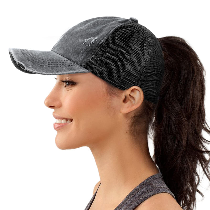Criss Cross Ponytail Baseball Cap for Women Trucker Hats Mesh Adjustable High Messy Bun Ponycap Washed Distressed Dad Hat Black One Size - BeesActive Australia